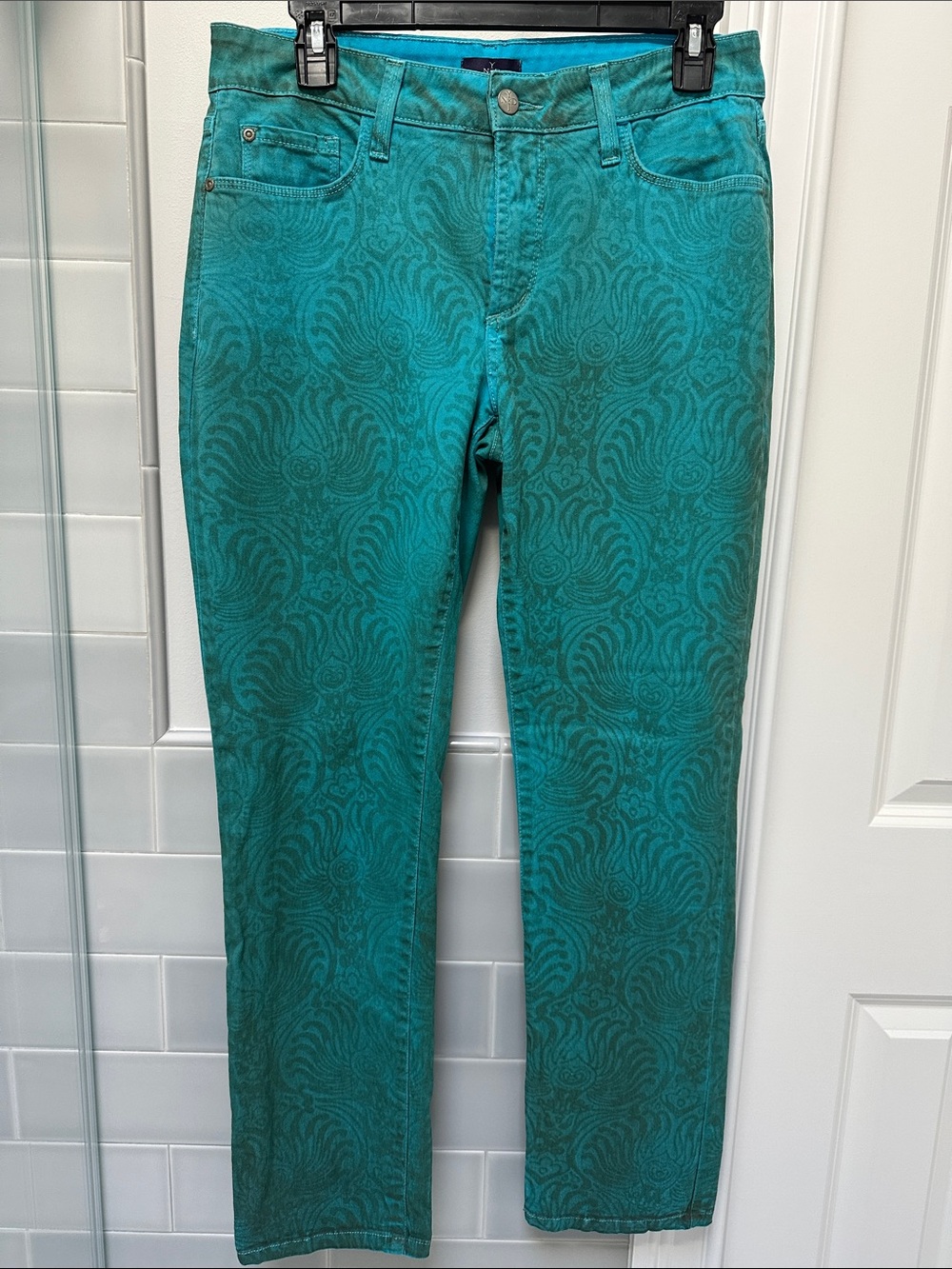 NYDJ Teal Paisley Straight-Leg Skinny Jeans